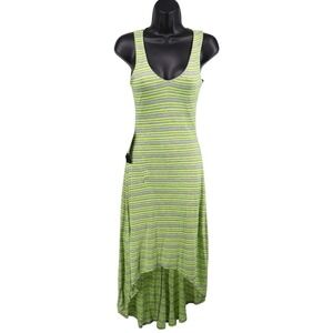 bebe Neon Stripe High Low Maxi Dress XS Gray Green Open‎ Back Pockets NWT